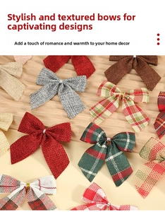 Detail view of assorted rustic burlap Christmas bows with plaid and solid color patterns