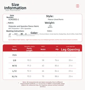 Size guide for fleece-lined sport pants showing fabric weight and washing instructions