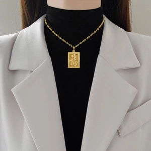 Gold titanium steel Fu character dragon pendant necklace with twisted rope chain for women