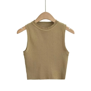 Sleeveless khaki Y2K ribbed knit crop top with a crew neck on a wooden hanger