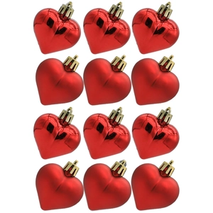 Set of 12 red heart-shaped Christmas ornaments in glossy and matte finishes