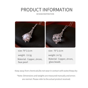 Detail of silver hollow mesh ball necklace with white pearls and sparkling zircons