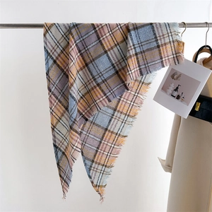 Detail shot of plaid cashmere-like scarf with soft fringe tassels and pastel colors