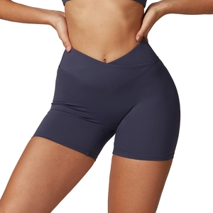 Short de yoga recyclé taille haute avec ceinture en V croisée en bleu-violet foncé