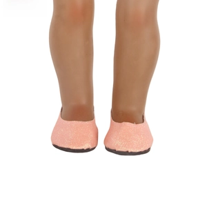 Detail of pink glitter 7.5cm doll shoes showing shiny texture on doll feet
