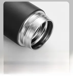 Close-up of the stainless steel screw thread mouth and matte black body of the thermos flask