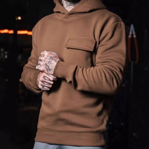 Men's caramel hooded sweatshirt featuring a functional chest pocket on knit cotton fabric