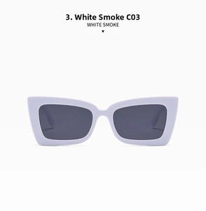 Detail view of square lilac cat-eye sunglasses with solid grey lenses, model C03