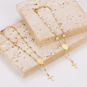 Bracelets chapelet en acier inoxydable 304 plaqué or 18k avec croix et perles