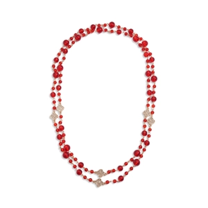 Elegant double-layered long necklace with red crystal beads and golden clover charms