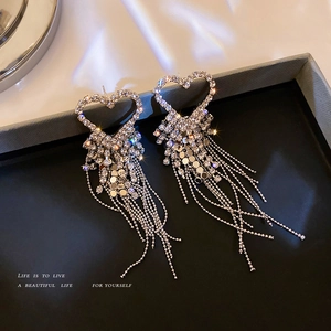 Sparkling silver heart tassel earrings with rhinestones and long fringe for women