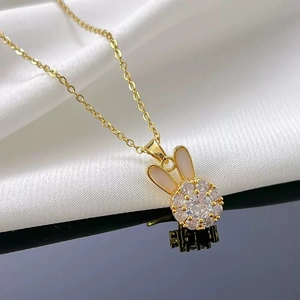 Elegant gold-plated rabbit necklace set with sparkling zircon stones and white enamel accents
