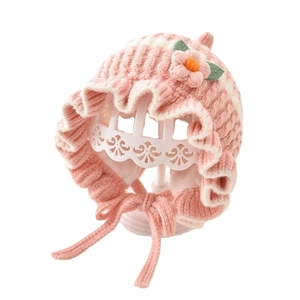 Pink striped knit baby bonnet with 3D flower detail and soft ruffle brim for infants