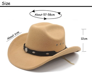 Guide des tailles pour chapeau de cowboy camel montrant la largeur du bord et la hauteur