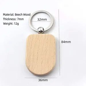 Macro shot of 7mm thick beech wood keychain tag with detailed size dimensions