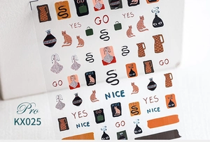 Detailed view of 5D ultra-thin nail stickers with artistic cats and ethnic vase patterns