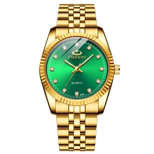 Waterproof gold business watch with green dial and diamond markers for men and women