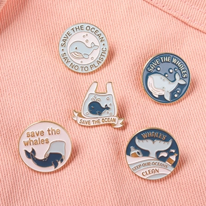 Five-piece ocean protection enamel pin set with Save The Ocean slogans and whale designs