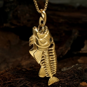 Vintage golden fishbone pendant necklace for men in polished stainless steel finish