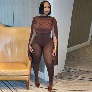 Women's dark brown bodycon jumpsuit with matching shawl wrap and ribbed knit texture