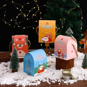 Christmas gift boxes with snowman and reindeer illustrations and braided handles