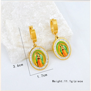 Detail view of gold Virgin Mary oval earrings with white crystals and dimensions