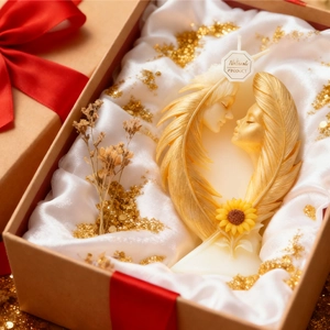 Artistic wings and faces candle mold with sunflower accent in premium gift packaging