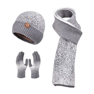 Ensemble d'hiver bonnet tricoté, écharpe et gants avec motif flocon de neige gris