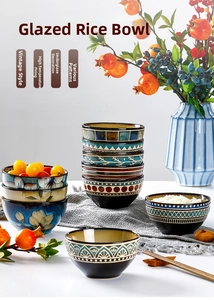 Detailed close-up of retro kiln-transformed glaze ceramic rice bowls with hand-painted patterns