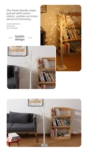 Detailed view of Nordic style LED birch tree lamp glowing in a cozy home interior setting