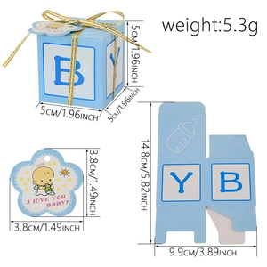 Light blue baby shower gift box with gold ribbon and floral tag measuring 5x5x5cm