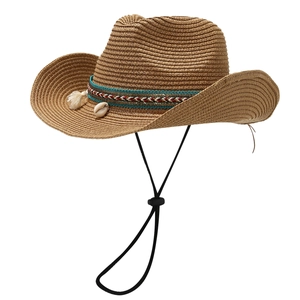 Bohemian straw cowboy hat with shell pendants and colorful tassels for beach vacation
