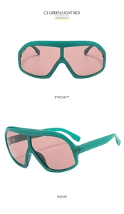 Front and side view of oversized green frame sunglasses with light red lenses