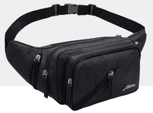 Detail view of durable black nylon waist bag with multi-layer pockets and sturdy buckles