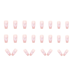 Pink gradient coffin press-on nails set with silver glitter heart patterns for women