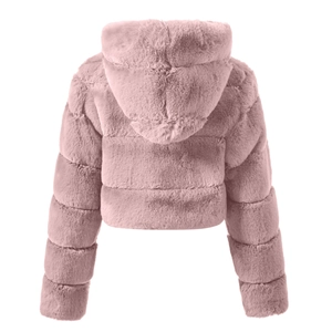 Detailed back view of premium pink faux fur hooded jacket with plush texture and short fit