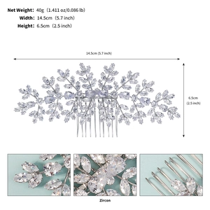 Détail du peigne à cheveux de mariée en zircon avec dimensions 14,5x6,5cm et feuilles