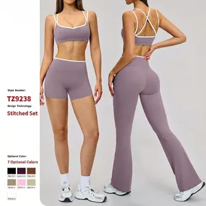 Set Sportivo da Donna con Bordo a Contrasto Yoga Set Vita Alta Top Und Bottom Elastico Allenamento Palestra Leggings Flare