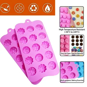 Pink 15-cavity flower silicone mold for chocolate baking and ice cubes with rose shapes