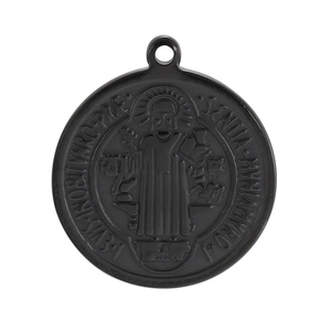 Saint Benedict medal pendant in black titanium steel with intricate embossed details