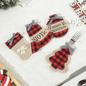 Christmas burlap cutlery holders set with plaid patterns and festive JOY embroidery