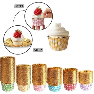 Golden foil muffin cups and checkered baking liners shown in various colors and styles
