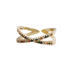 Adjustable geometric criss-cross ring with colorful rhinestones on gold band