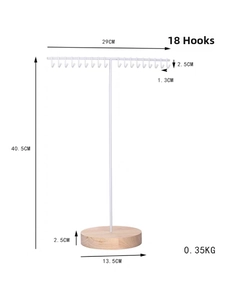 Minimalist white iron jewelry stand with 18 hooks and natural wood base for necklaces