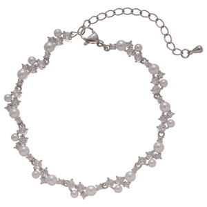 Sparkling zircon butterfly pearl bracelet with adjustable silver alloy link chain for women
