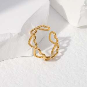 Close-up of golden hollow heart pattern on adjustable stainless steel ring band