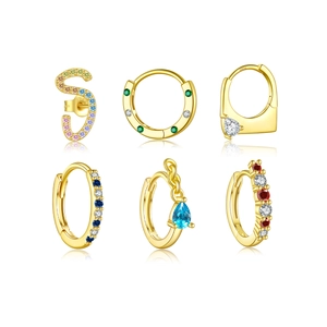 S925 sterling silver gold plated hoop earrings set with colorful zircon stones