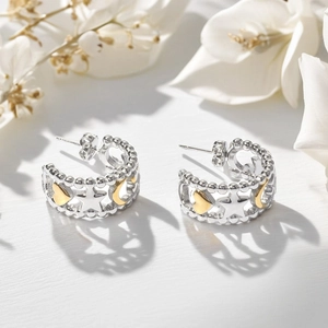 Elegant stainless steel star moon heart earrings with silver finish and gold accents