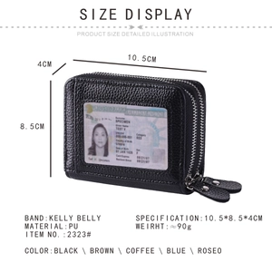 Detail of RFID blocking black leather card holder with dual zippers and transparent ID window