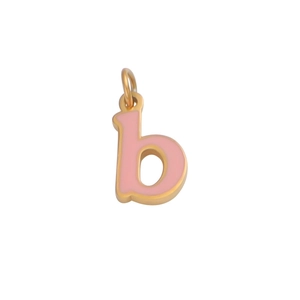Close-up of golden letter 'b' pendant with pink enamel filling for DIY jewelry making